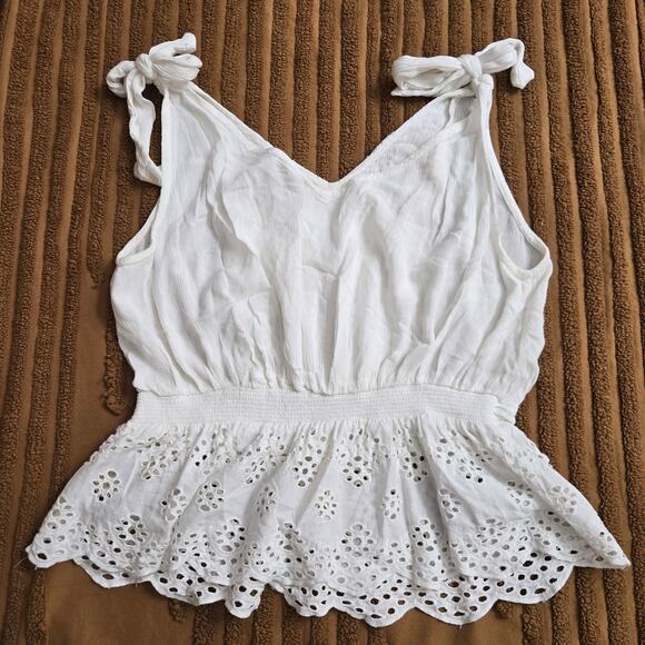 Cynthia Rowley Womens Cottagecore Boho Tie -strap Peplum White Eyelet Tank Top L - Picture 8 of 11